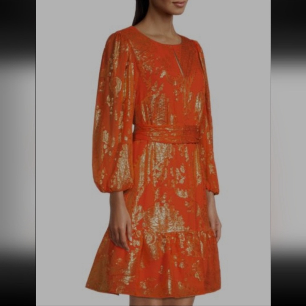 $598 Kobi Halperin Orange and Gold Long Sleeve Dress NWT